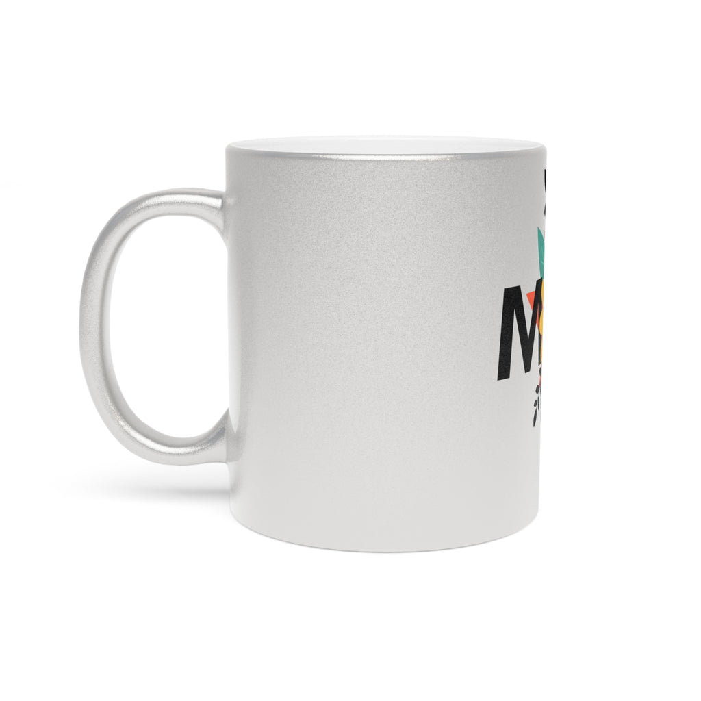 Mom Floral Metallic Mug — Silver/Gold Sparkle Coffee Cup ("MOM" Sunflower Design)