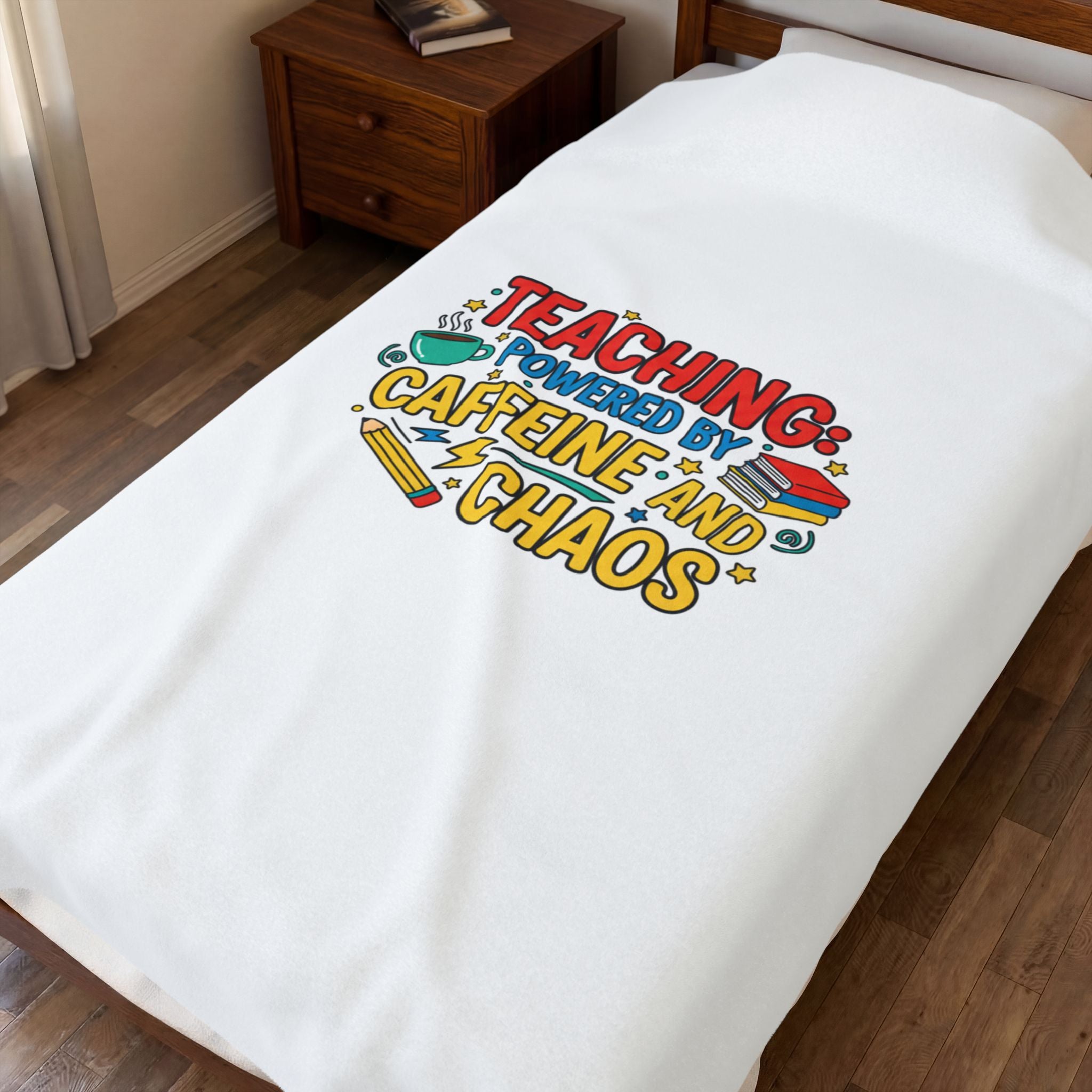 Teaching Powered by Caffeine and Chaos Velveteen Plush Blanket | teacher appreciation gifts, teacher life