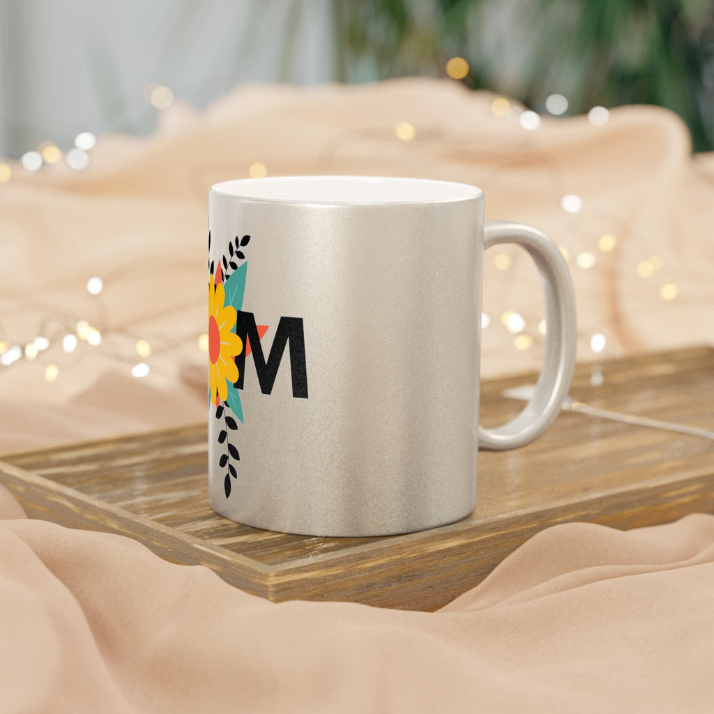 Mom Floral Metallic Mug — Silver/Gold Sparkle Coffee Cup ("MOM" Sunflower Design)