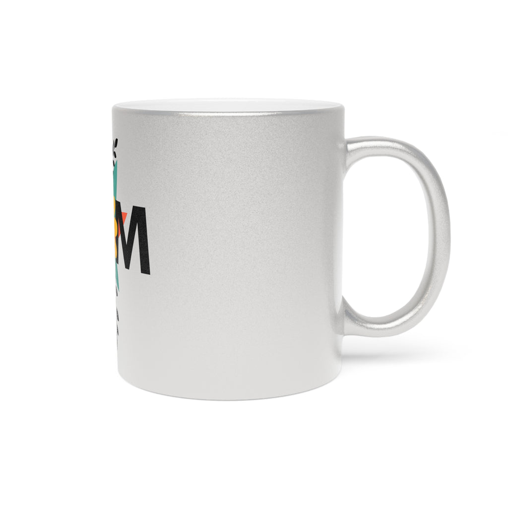 Mom Floral Metallic Mug — Silver/Gold Sparkle Coffee Cup ("MOM" Sunflower Design)