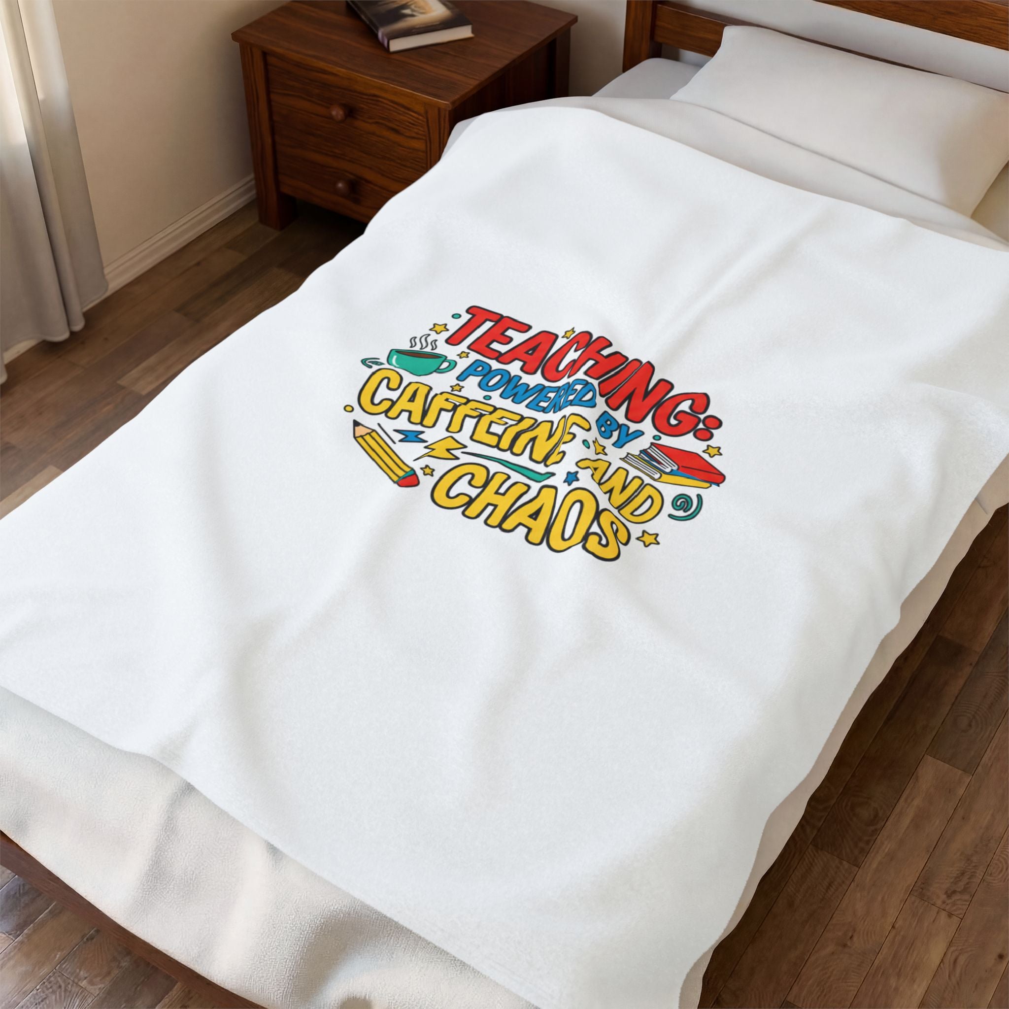 Teaching Powered by Caffeine and Chaos Velveteen Plush Blanket | teacher appreciation gifts, teacher life