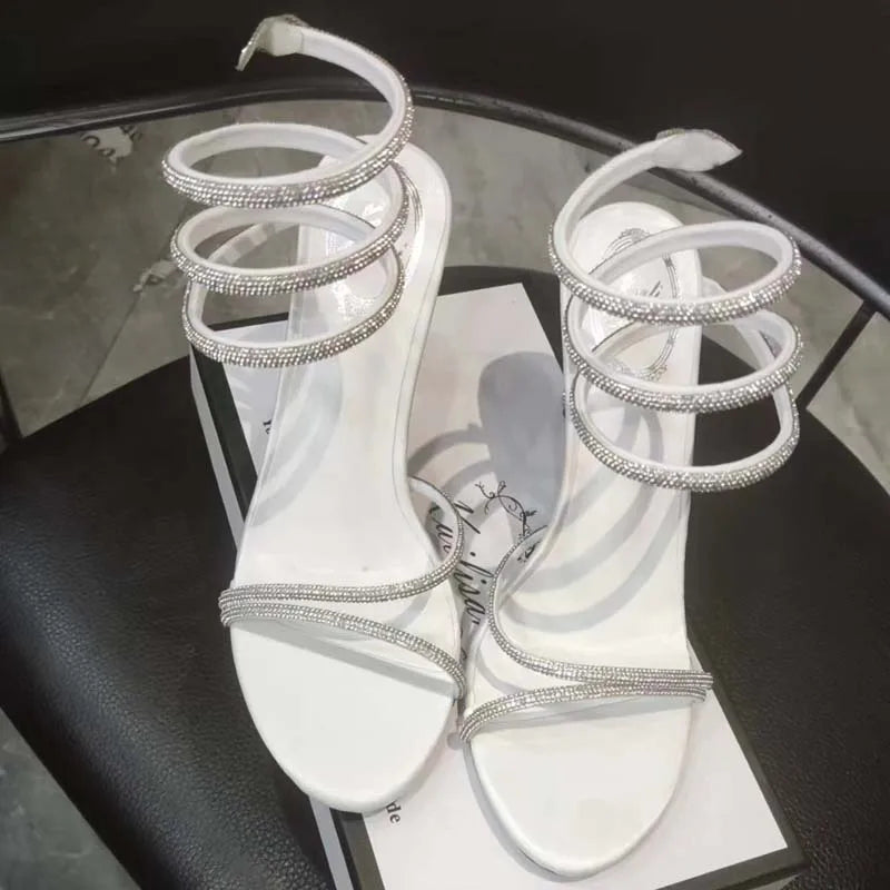 Eilyken Fashion Style Crystal Diamond Ankle Strap Women Sandals Sexy Open Toe Thin High Heels Nightclub Banquet Party Shoes