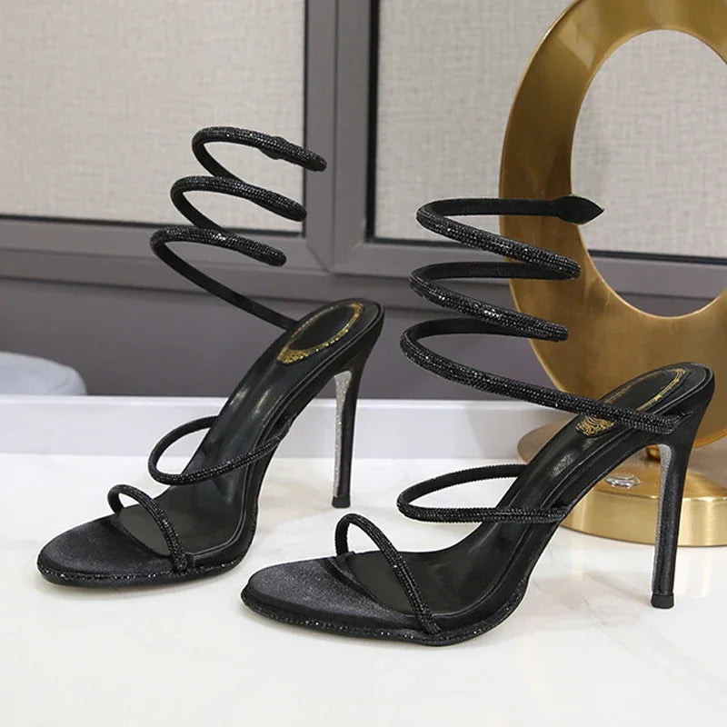 Eilyken Fashion Style Crystal Diamond Ankle Strap Women Sandals Sexy Open Toe Thin High Heels Nightclub Banquet Party Shoes